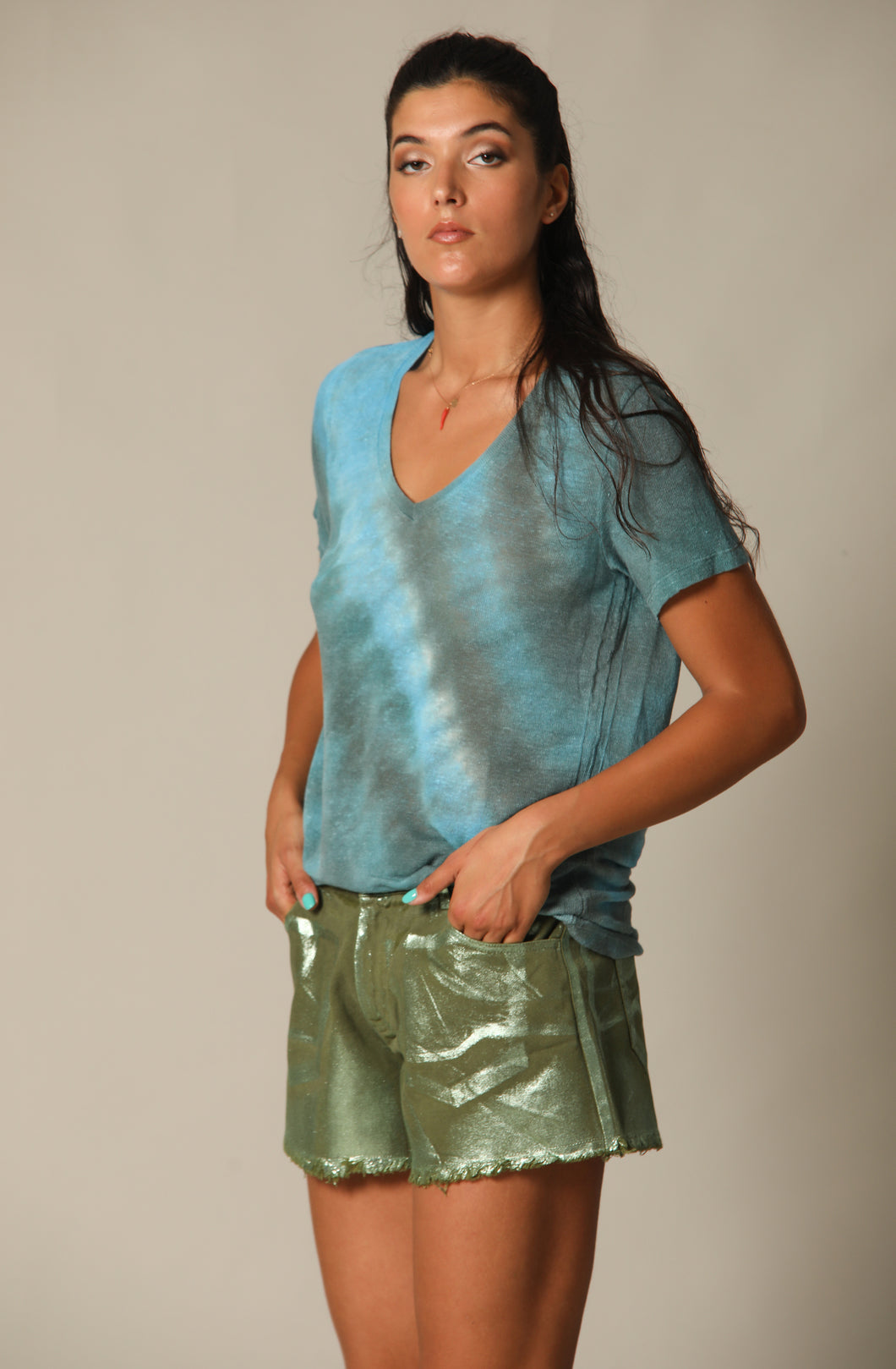 Tie Dye Linen V Neck Tee