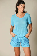 Color block Linen V Neck Tee