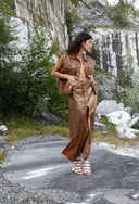 Iridescent Denim Maxi Skirt - BROWN