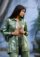 Iridescent Denim Oversized Jacket - FOREST GREEN