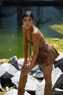 Iridescent Denim Mini Skirt - BROWN